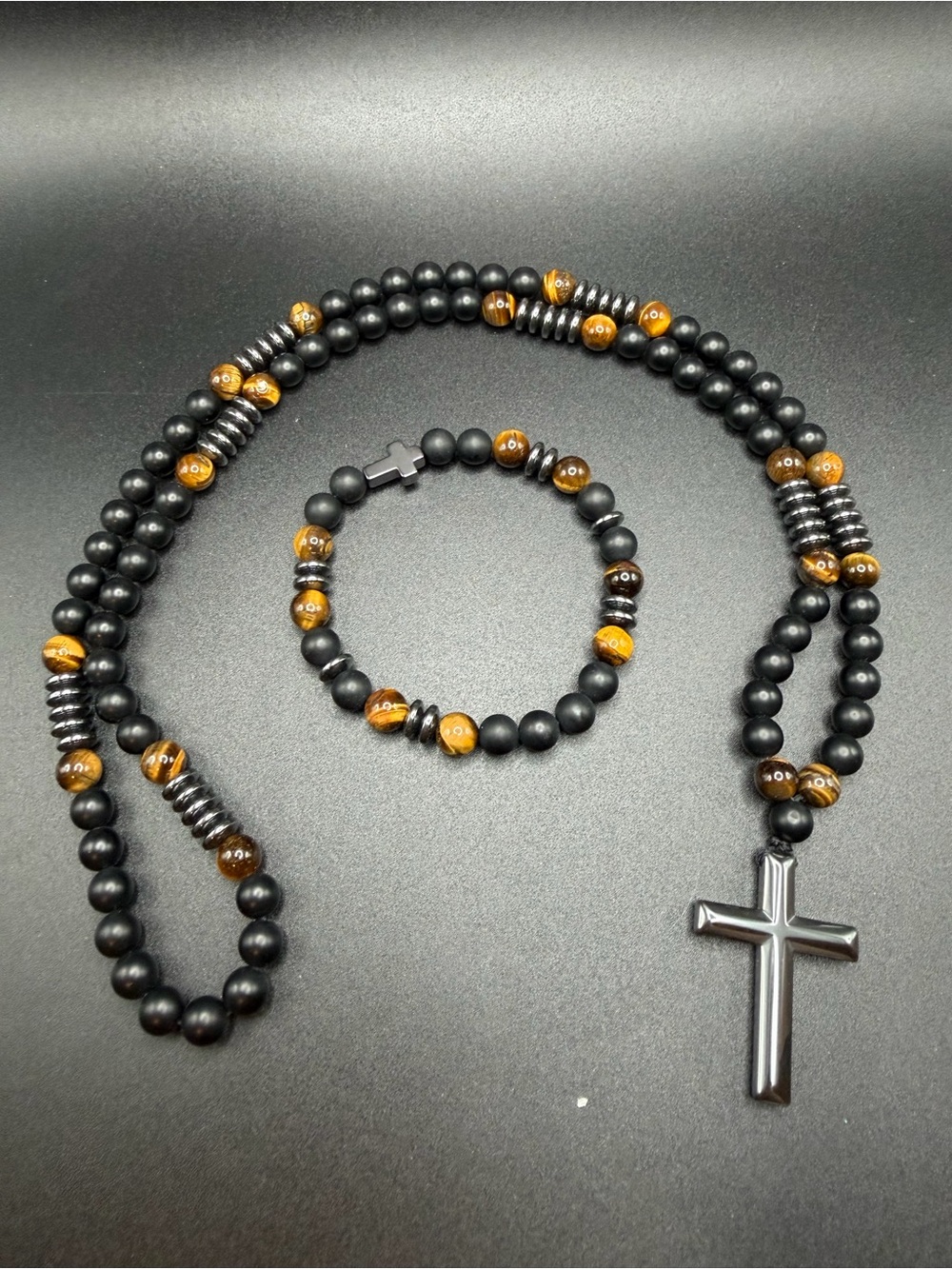 Black Obsidian Tiger eye beaded necklace with cross pendant & Bracelet Set #C314